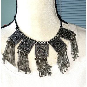 Artisan Silver Panels Tassel Statement Necklace -- 18"